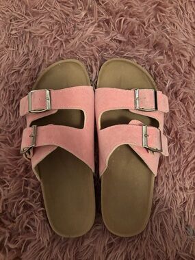 SHEIN Pink Double Buckle Slide Sandals